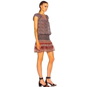 Ulla Johnson Simone 100% Silk Mini Dress Navy Rust Floral Smocked Waist Size 2